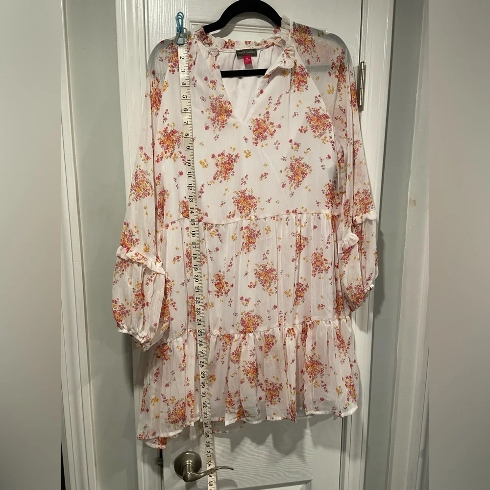 NWT Vince Camuto Size M White Floral Ruffle Flowy Long Sleeve Sheer Mini Dress